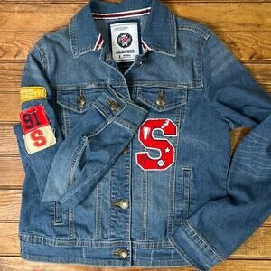 Vintage Y2K South Pole Blue Jean Jacket with Red Patches